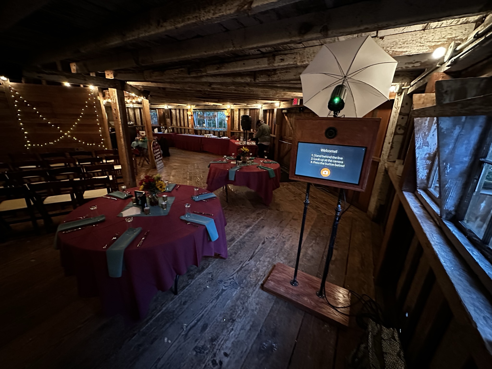 Photobooth setup with lights and umbrella